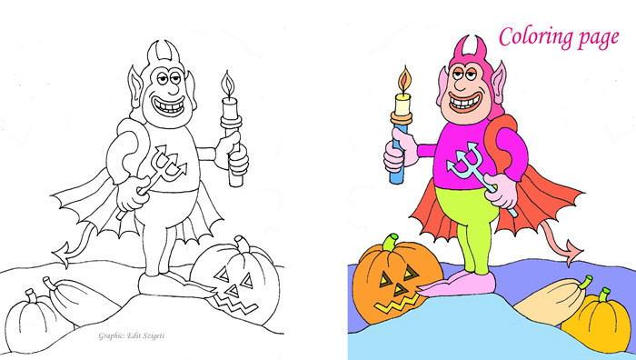 Coloring page- Devil and pumpkin